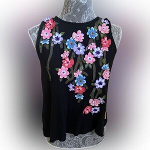 Mamatayoe Corus Floral Embroidered Open Back  Black Tank Sz Small